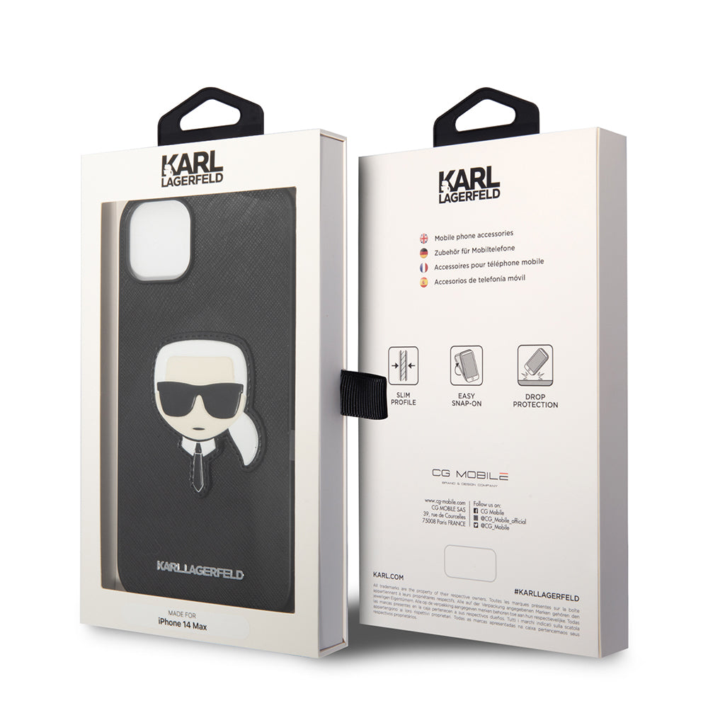 Etui na Apple iPhone 14 Plus, Karl Lagerfeld, Saffiano Karl's Head, Czarne