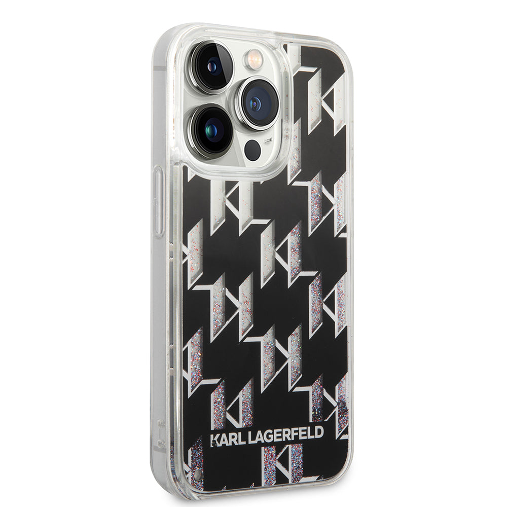 Etui na Apple iPhone 14 Pro, Karl Lagerfeld, Liquid Glitter Monogram, Czarne