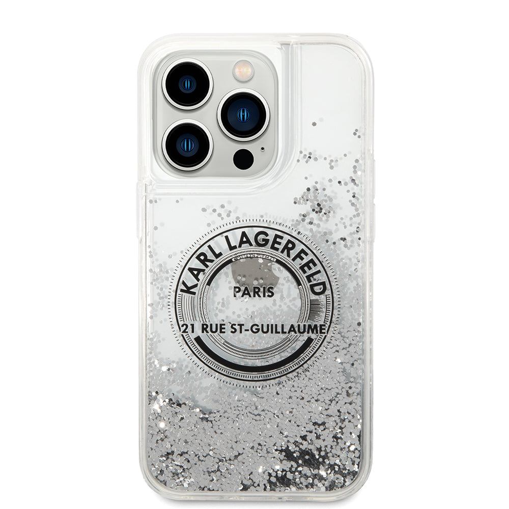 Etui na Apple iPhone 14 Pro, Karl Lagerfeld, Liquid Glitter RSG, Srebrne.