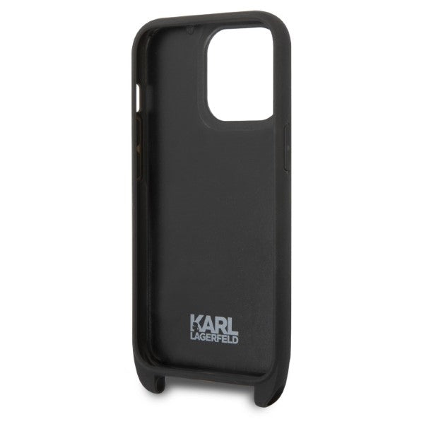Etui na Apple iPhone 14 Pro, Karl Lagerfeld, Monogram Plaque Logo with Strap, Czarne