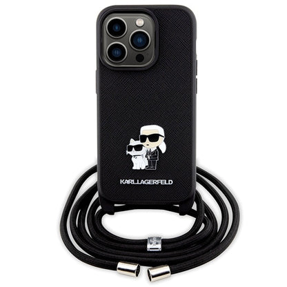 Etui na Apple iPhone 14 Pro, Karl Lagerfeld, Saffiano Crossbody Metal Pin Karl & Choupette, Czarne