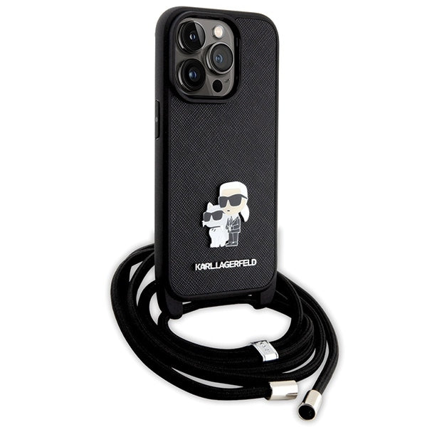 Etui na Apple iPhone 14 Pro, Karl Lagerfeld, Saffiano Crossbody Metal Pin Karl & Choupette, Czarne