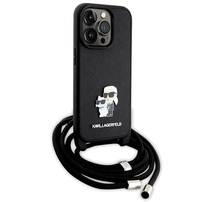 Etui na Apple iPhone 14 Pro, Karl Lagerfeld, Saffiano Crossbody Metal Pin Karl & Choupette, Czarne