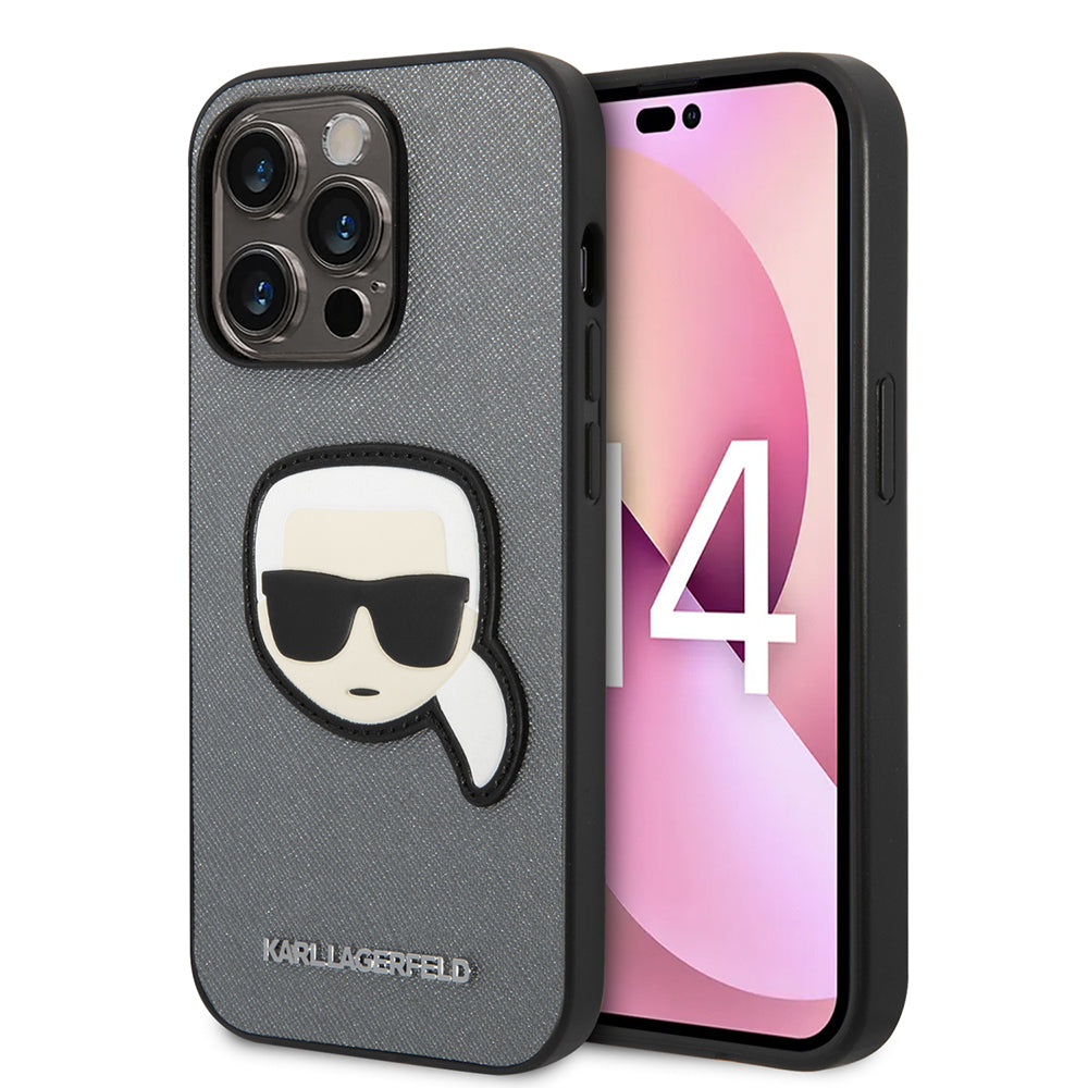 Etui na Apple iPhone 14 Pro, Karl Lagerfeld, Saffiano Karl's Head, Srebrne