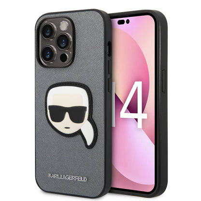 Etui na Apple iPhone 14 Pro, Karl Lagerfeld, Saffiano Karl's Head, Srebrne