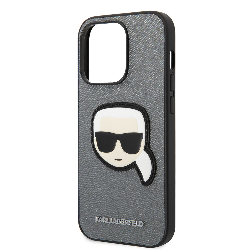 Etui na Apple iPhone 14 Pro, Karl Lagerfeld, Saffiano Karl's Head, Srebrne
