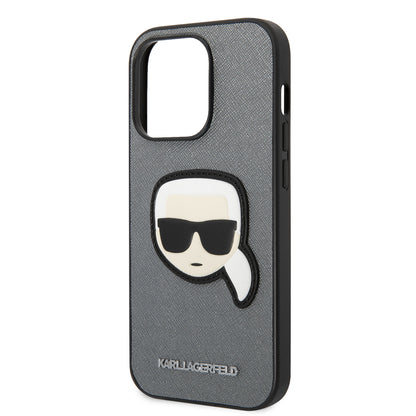 Etui na Apple iPhone 14 Pro, Karl Lagerfeld, Saffiano Karl's Head, Srebrne