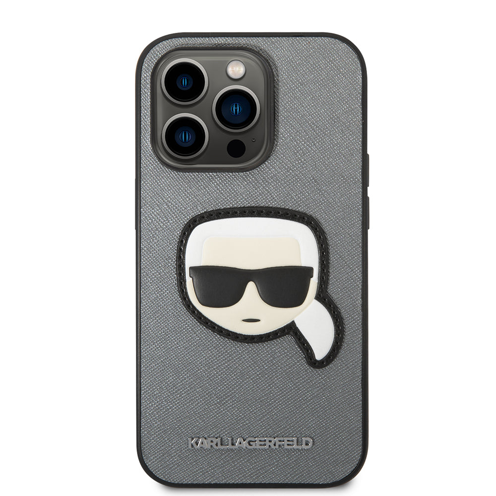 Etui na Apple iPhone 14 Pro, Karl Lagerfeld, Saffiano Karl's Head, Srebrne