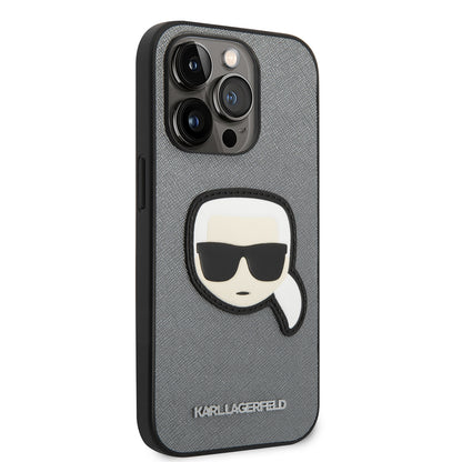 Etui na Apple iPhone 14 Pro, Karl Lagerfeld, Saffiano Karl's Head, Srebrne