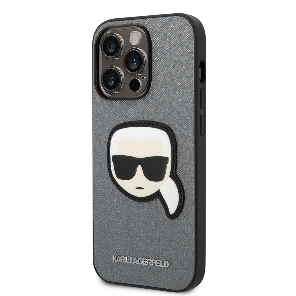 Etui na Apple iPhone 14 Pro, Karl Lagerfeld, Saffiano Karl's Head, Srebrne