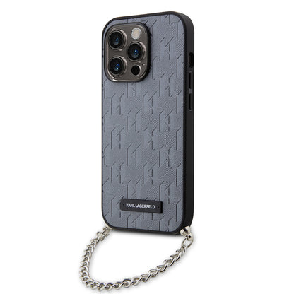 Etui na Apple iPhone 14 Pro, Karl Lagerfeld, Saffiano Monogram Chain, Srebrne