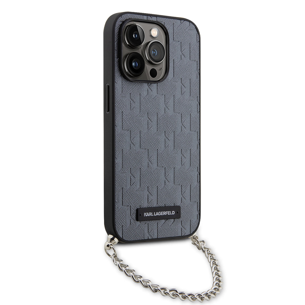 Etui na Apple iPhone 14 Pro, Karl Lagerfeld, Saffiano Monogram Chain, Srebrne