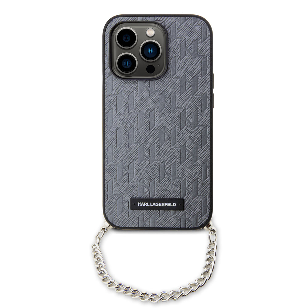 Etui na Apple iPhone 14 Pro, Karl Lagerfeld, Saffiano Monogram Chain, Srebrne