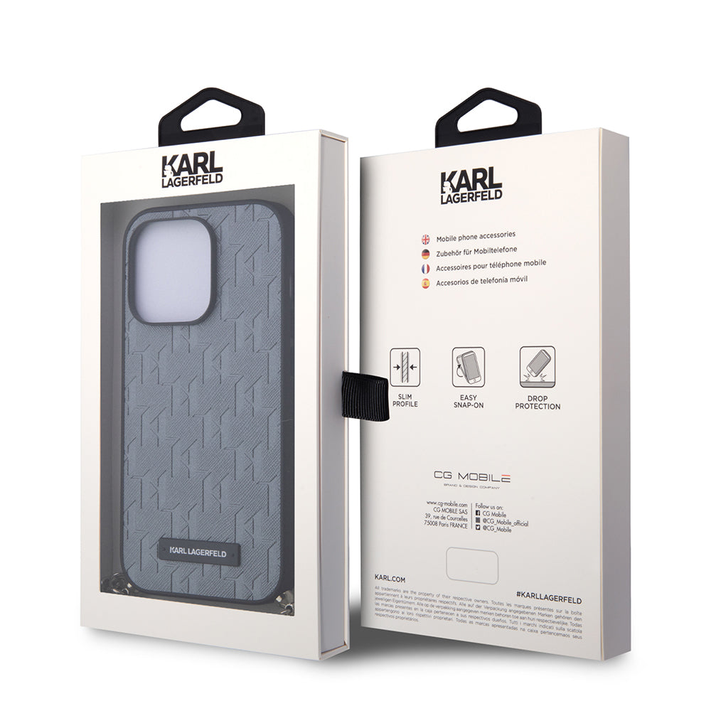 Etui na Apple iPhone 14 Pro, Karl Lagerfeld, Saffiano Monogram Chain, Srebrne