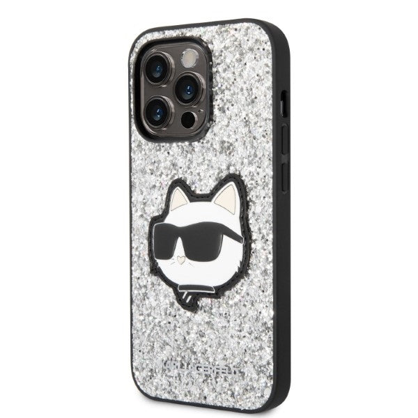 Etui na Apple iPhone 14 Pro Max, Karl Lagerfeld, Glitter Choupette Patch, Srebrne.