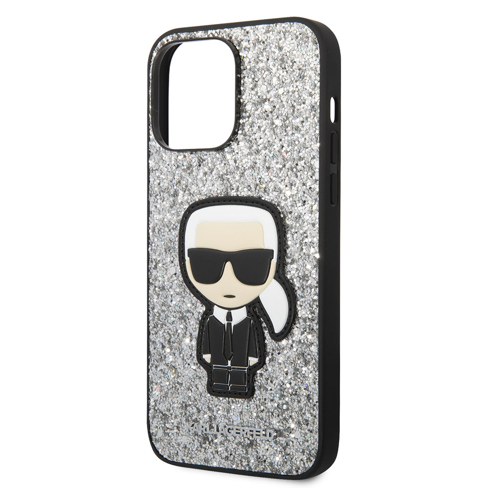 Etui na Apple iPhone 14 Pro Max, Karl Lagerfeld, Glitter Flakes Ikonik Karl, Srebrne.