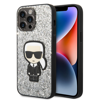 Etui na Apple iPhone 14 Pro Max, Karl Lagerfeld, Glitter Flakes Ikonik Karl, Srebrne.