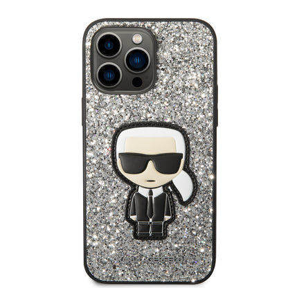 Etui na Apple iPhone 14 Pro Max, Karl Lagerfeld, Glitter Flakes Ikonik Karl, Srebrne.