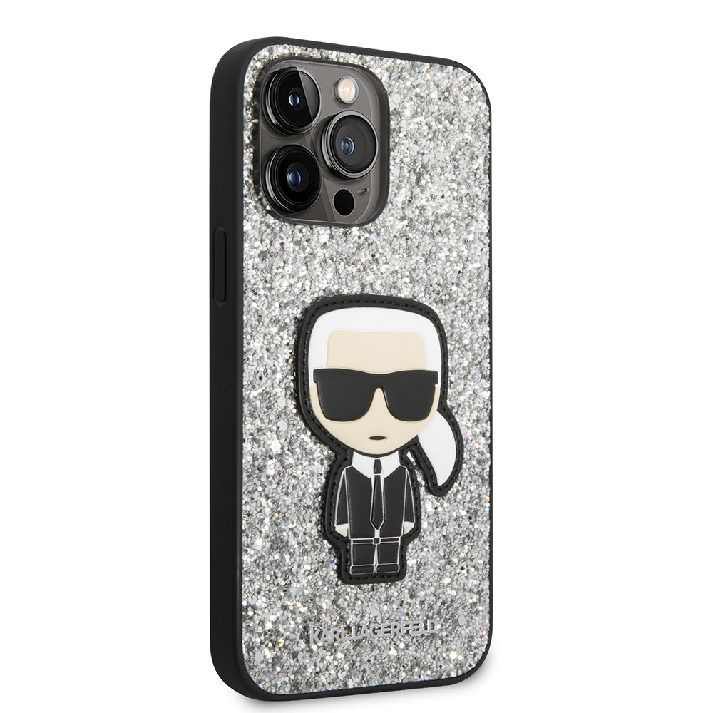 Etui na Apple iPhone 14 Pro Max, Karl Lagerfeld, Glitter Flakes Ikonik Karl, Srebrne.