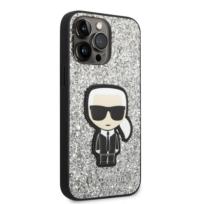 Etui na Apple iPhone 14 Pro Max, Karl Lagerfeld, Glitter Flakes Ikonik Karl, Srebrne.