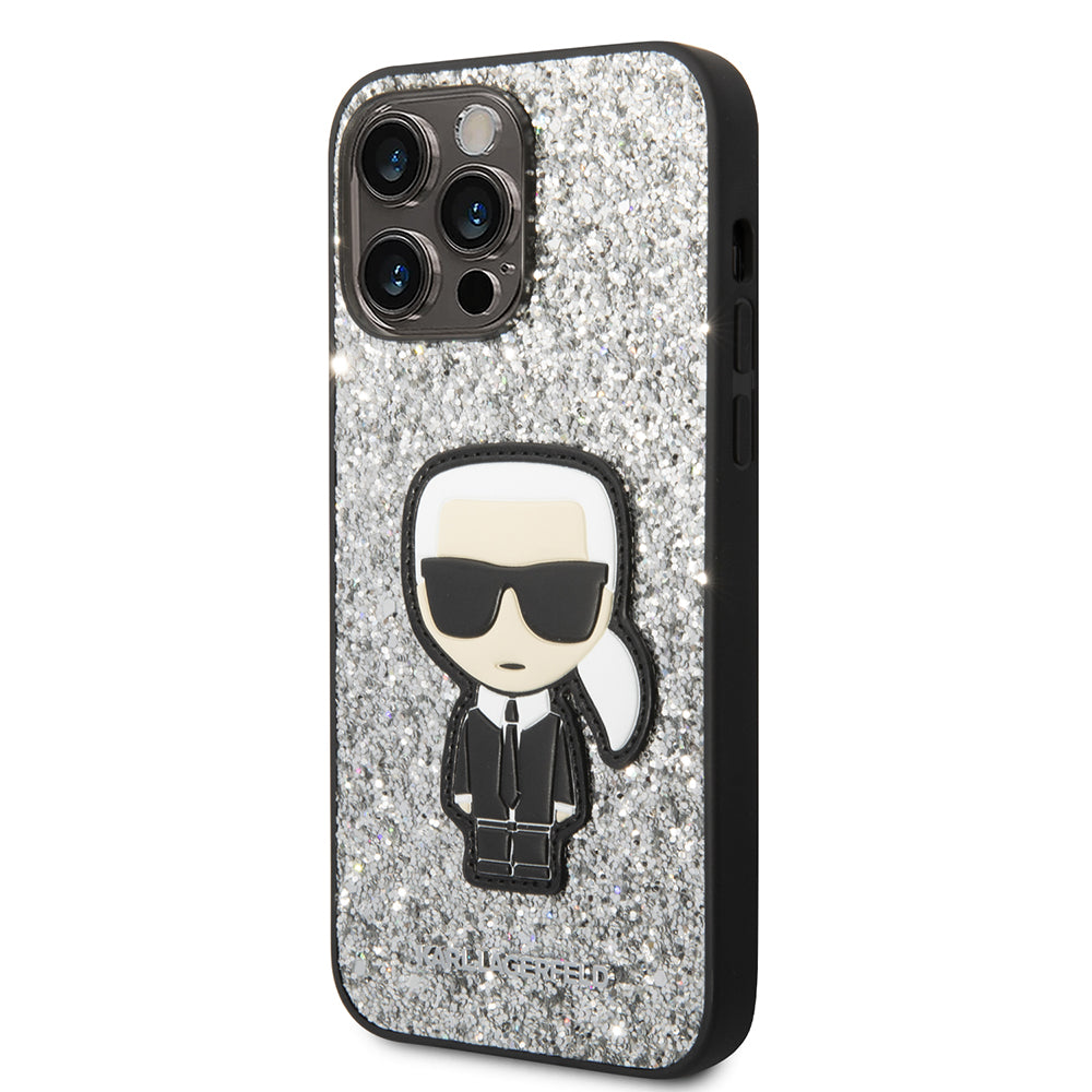 Etui na Apple iPhone 14 Pro Max, Karl Lagerfeld, Glitter Flakes Ikonik Karl, Srebrne.