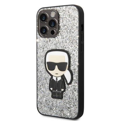 Etui na Apple iPhone 14 Pro Max, Karl Lagerfeld, Glitter Flakes Ikonik Karl, Srebrne.