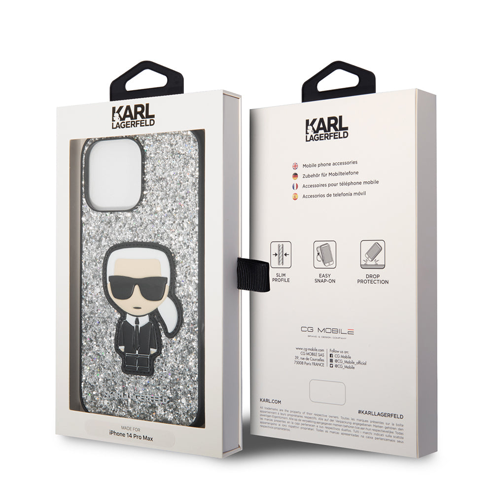 Etui na Apple iPhone 14 Pro Max, Karl Lagerfeld, Glitter Flakes Ikonik Karl, Srebrne.