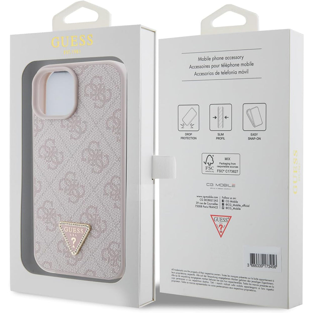 Etui na Apple iPhone 15, Guess, 4G Triangle Strass, Różowy