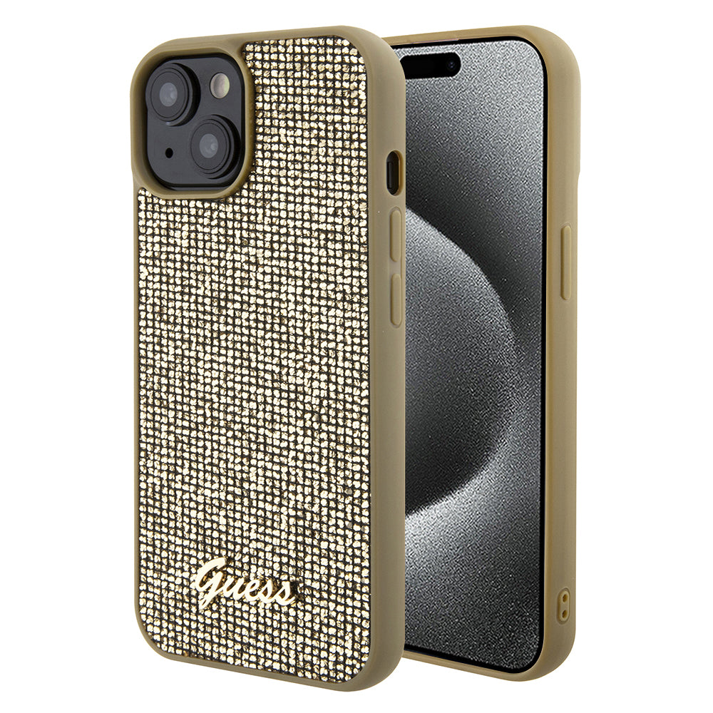 Etui na Apple iPhone 15, Guess, Disco Metal Script, Złote