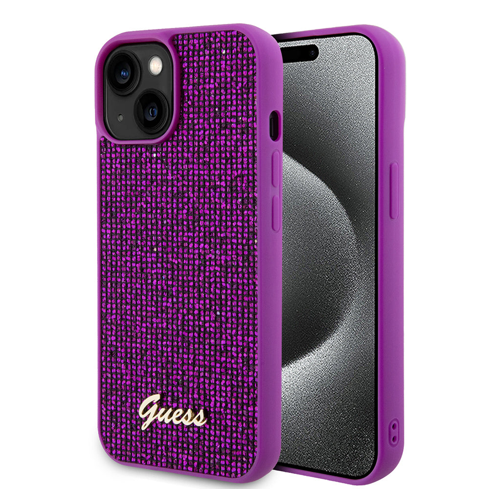 Etui na Apple iPhone 15, Guess, Disco Metal Script, Fuksja