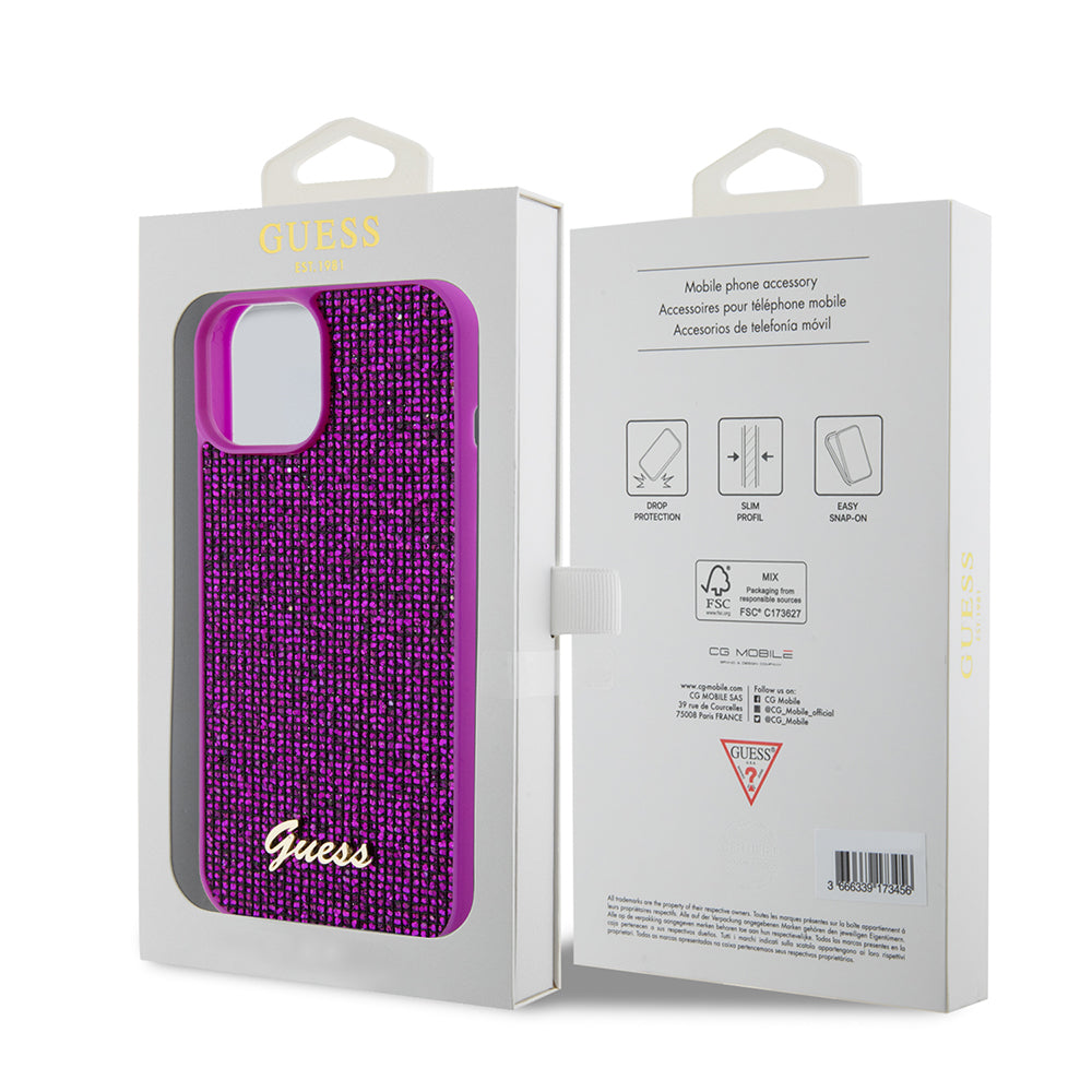 Etui na Apple iPhone 15, Guess, Disco Metal Script, Fuksja