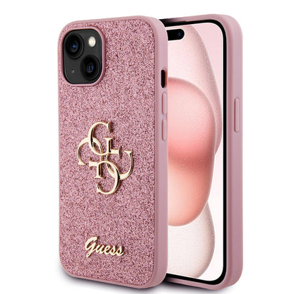 Etui na Apple iPhone 15, Guess, Glitter Big 4G Script, Różowy