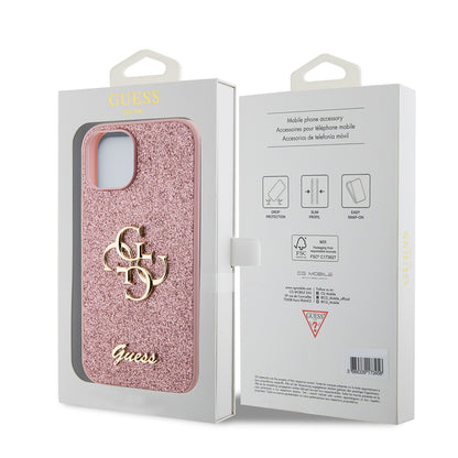 Etui na Apple iPhone 15, Guess, Glitter Big 4G Script, Różowy