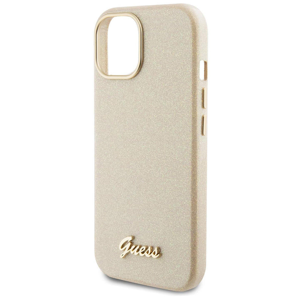 Etui na Apple iPhone 15, Guess, Glitter Glossy Script, Beżowy