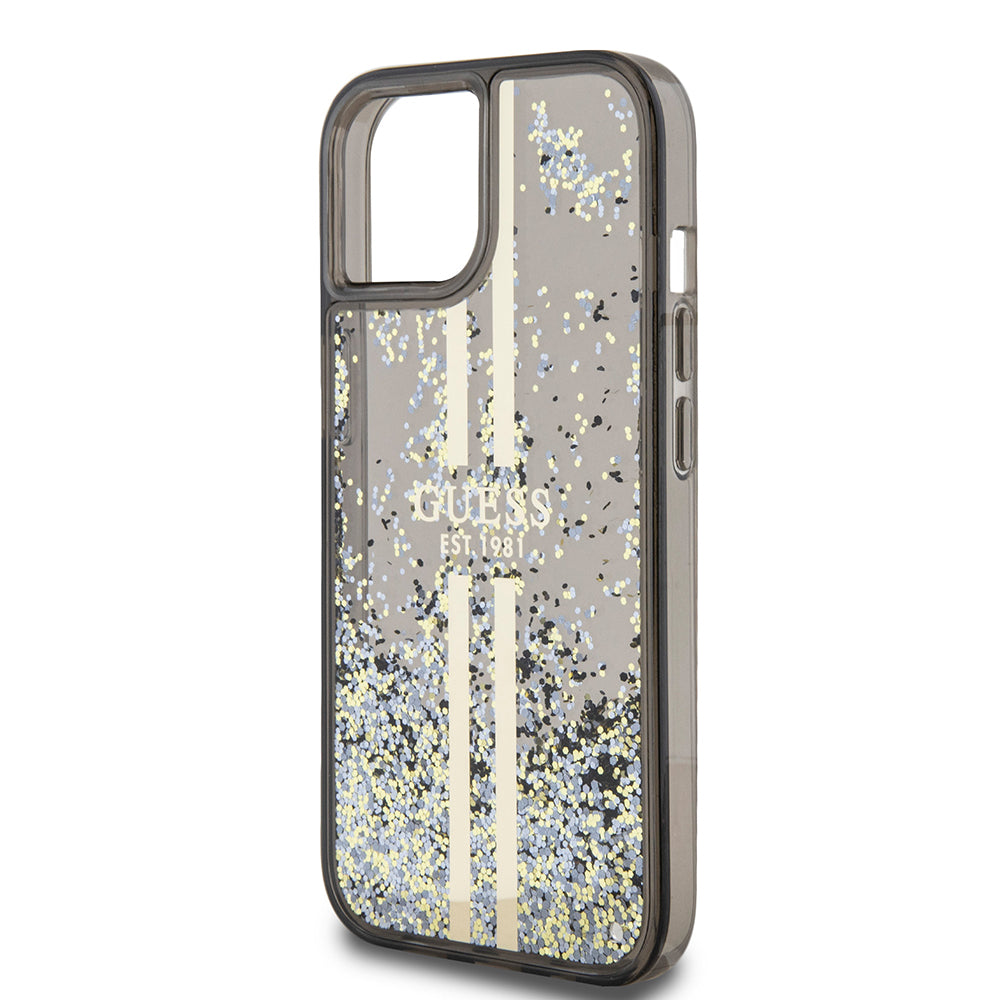 Etui na Apple iPhone 15, Guess, Liquid Glitter Gold Stripes, Czarne