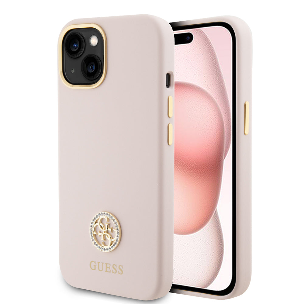 Etui na Apple iPhone 15, Guess, Logo Strass 4G, Jasnoróżowe