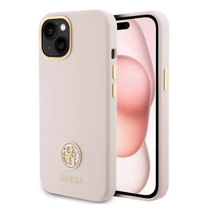 Etui na Apple iPhone 15, Guess, Logo Strass 4G, Jasnoróżowe