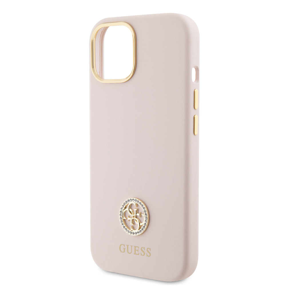 Etui na Apple iPhone 15, Guess, Logo Strass 4G, Jasnoróżowe