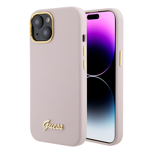 Case for Apple iPhone 15, Guess, Script Metal Logo & Frame, Light Pink