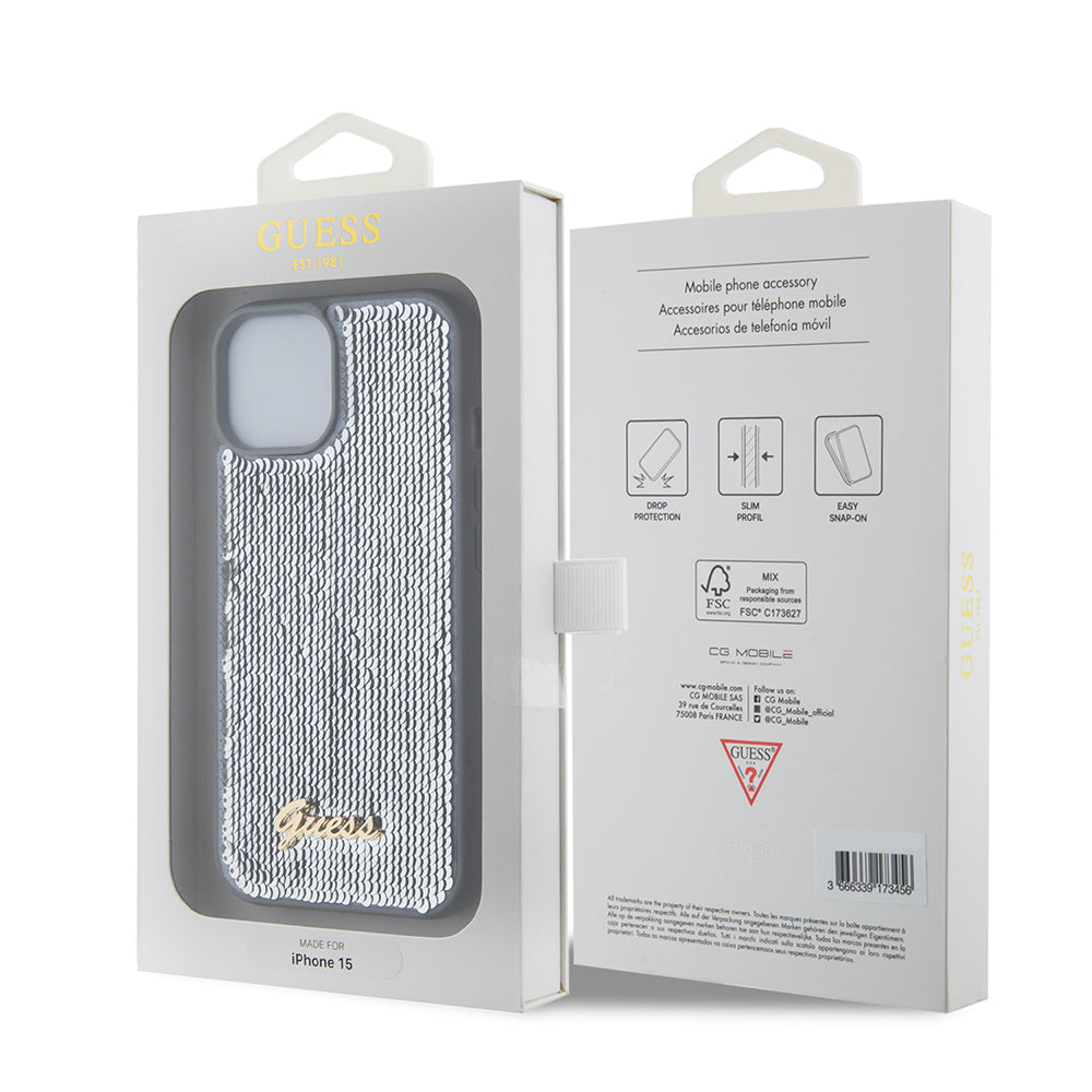 Etui na Apple iPhone 15, Guess, Sequin Script Metal, Srebrne