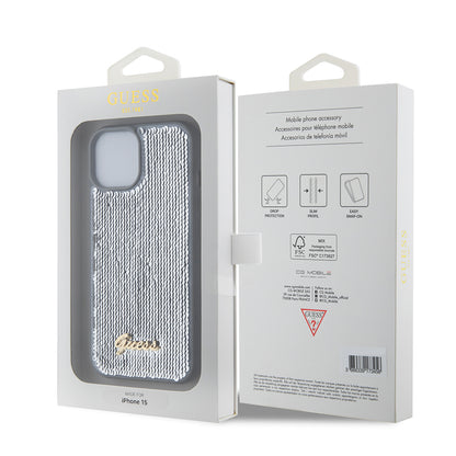 Etui na Apple iPhone 15, Guess, Sequin Script Metal, Srebrne