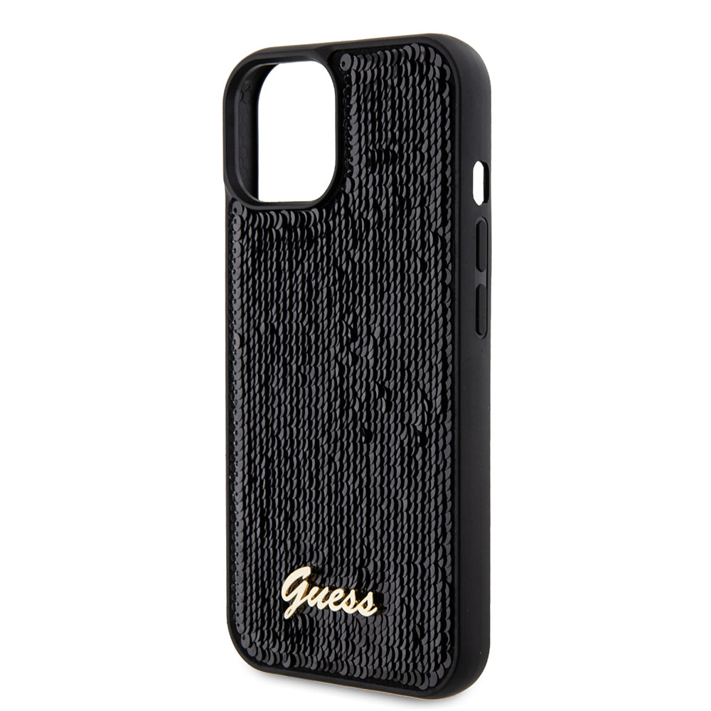 Case for Apple iPhone 15, Guess, Sequin Script Metal, Black