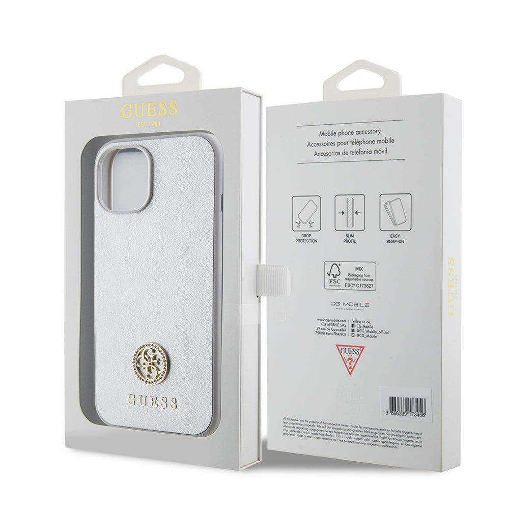 Etui na Apple iPhone 15, Guess, Strass Metal Logo, Srebrne