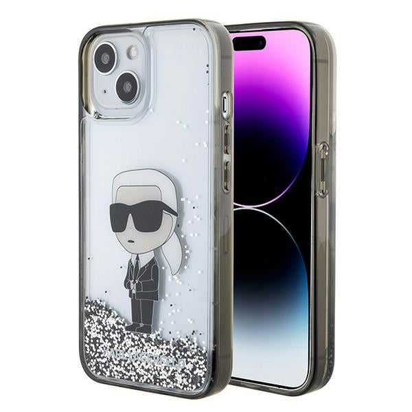 Etui na Apple iPhone 15, Karl Lagerfeld, Liquid Glitter Ikonik Karl, Przezroczyste