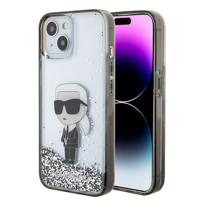 Etui na Apple iPhone 15, Karl Lagerfeld, Liquid Glitter Ikonik Karl, Przezroczyste