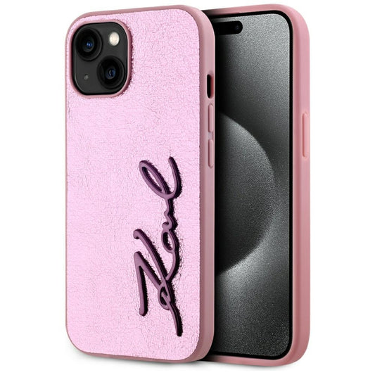 Etui na Apple iPhone 15, Karl Lagerfeld, Metal Signature, Różowy
