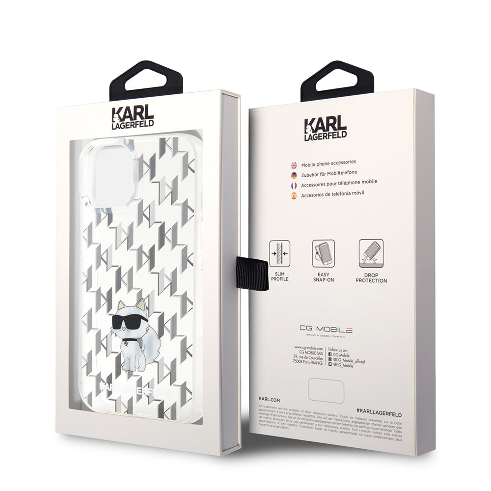 Etui na Apple iPhone 15, Karl Lagerfeld, Monogram Choupette, Przezroczyste