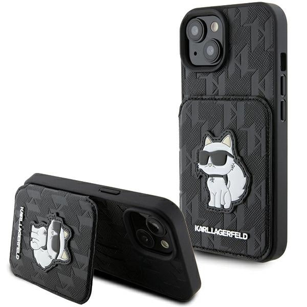 Etui na Apple iPhone 15, Karl Lagerfeld, Saffiano Cardslots and Stand Monogram Choupette, Czarne