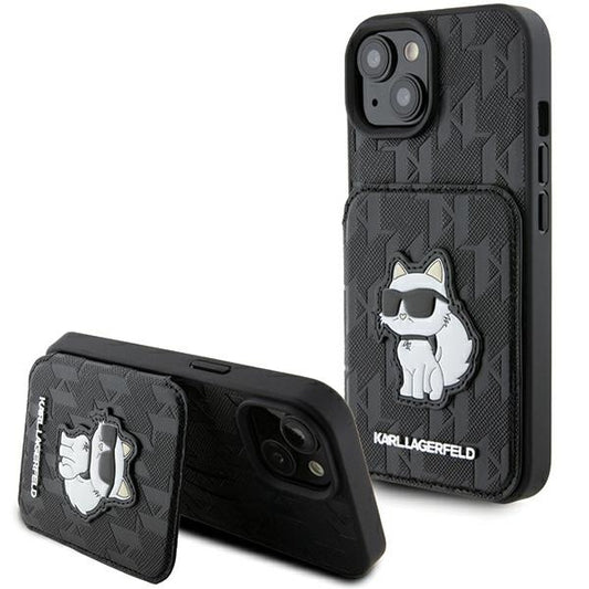 Etui na Apple iPhone 15, Karl Lagerfeld, Saffiano Cardslots and Stand Monogram Choupette, Czarne