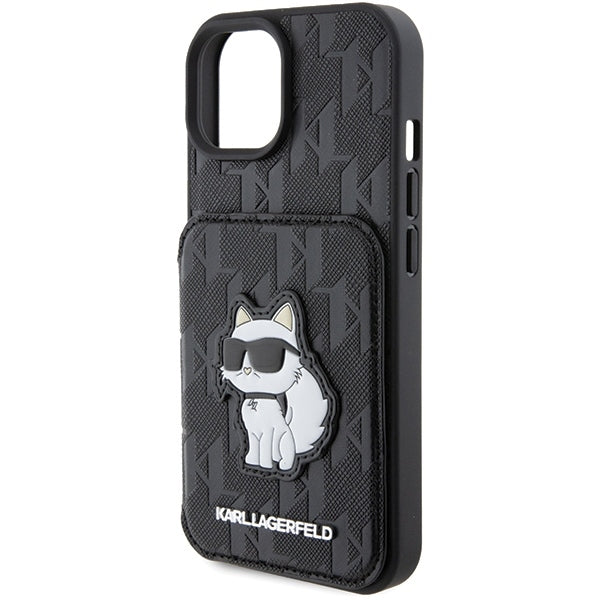 Etui na Apple iPhone 15, Karl Lagerfeld, Saffiano Cardslots and Stand Monogram Choupette, Czarne